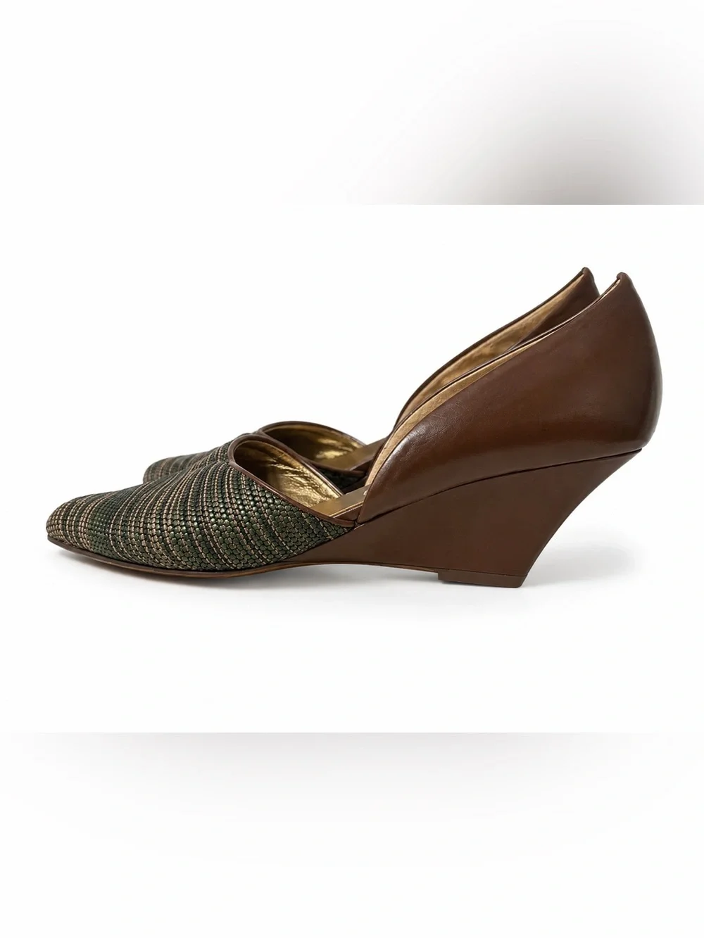 Via Spiga Olive Green Woven Peep-Toe Flats with Brown Trim